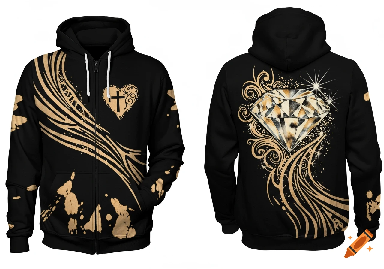 Black zip-up hoodie with gold bleach-dyed designs. Front features a heart with a cross. Back features a large sparkling diamond with ornate swirls and splatters.