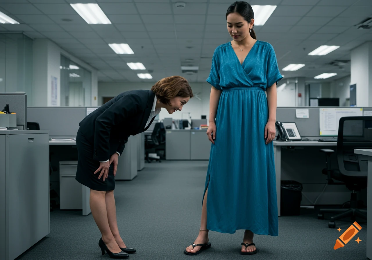 A woman in a blue dress stands as another woman in a business suit bows to her in an office.