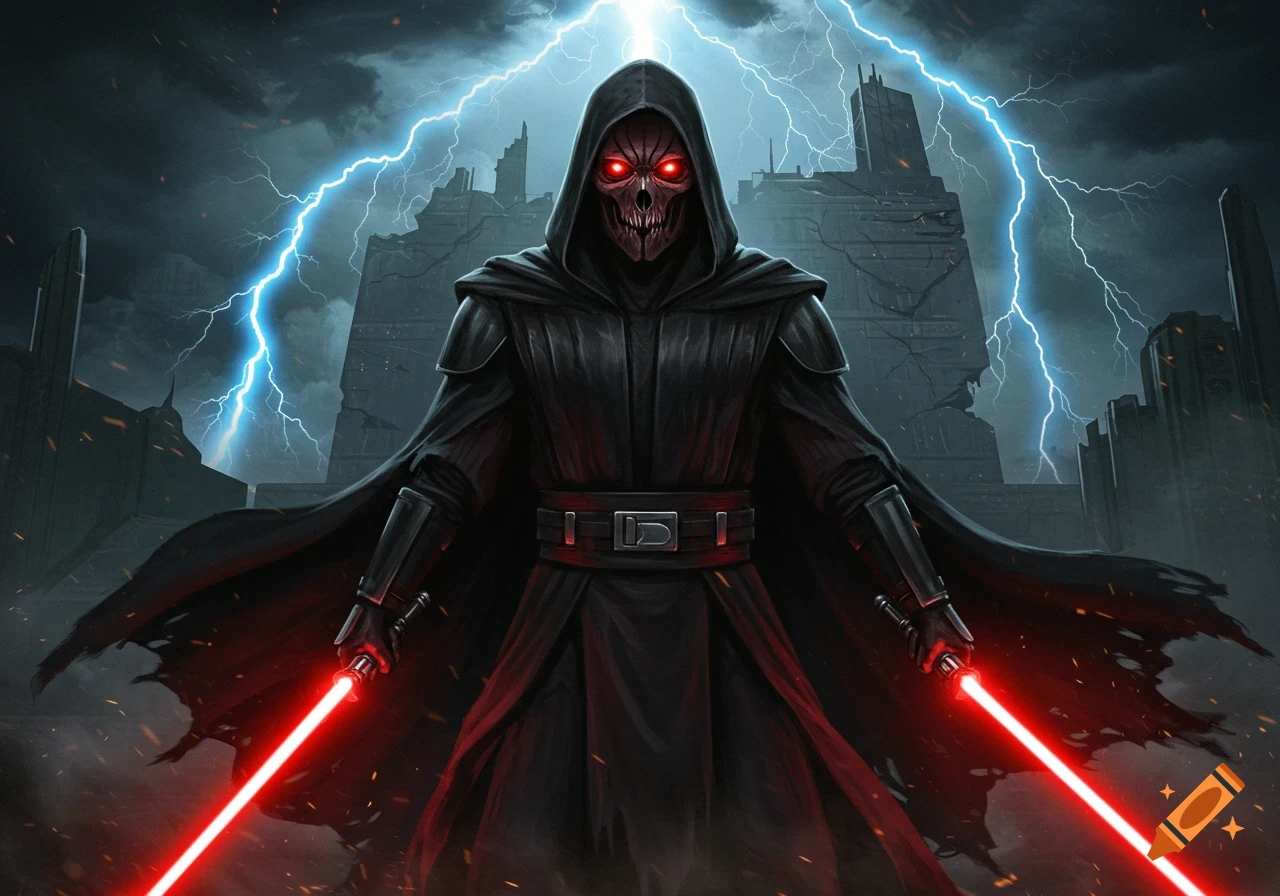 A skull-faced dark lord in a black cloak holds two red lightsabers, with blue lightning striking behind ruined buildings in a dark, fantasy art style.