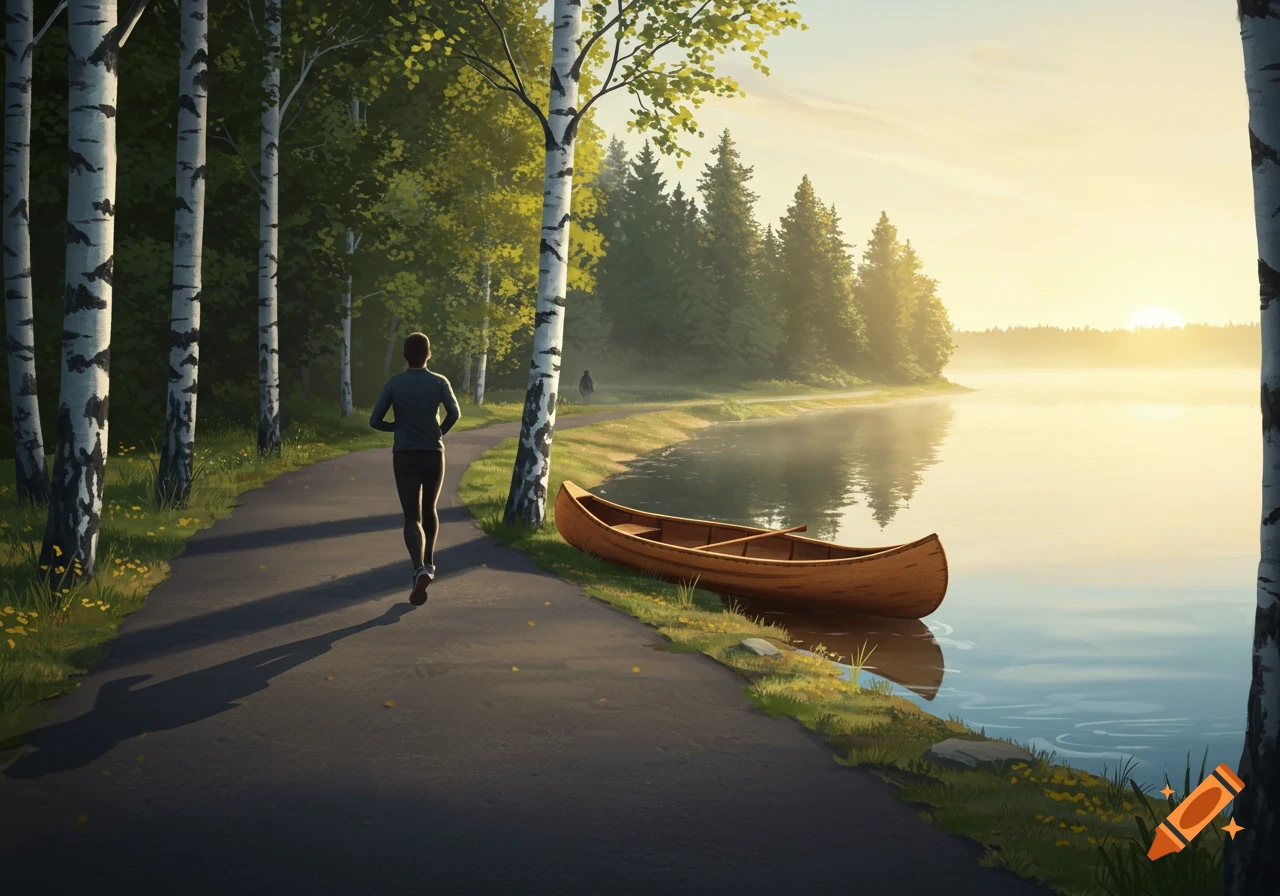 A person runs on a path lined with birch trees next to a calm lake with a wooden canoe, bathed in warm, golden light.
