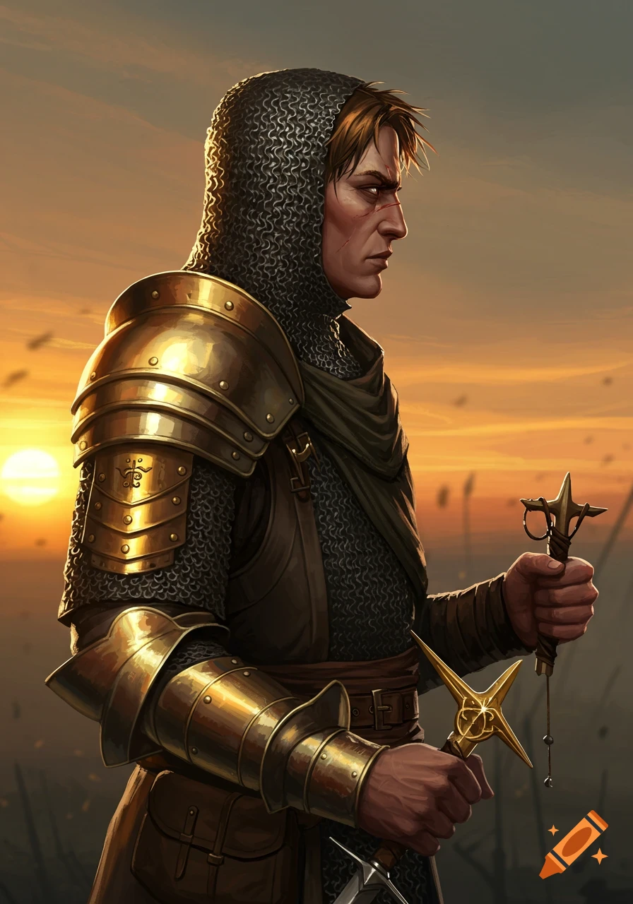 A resolute male warrior in chainmail and golden armor, holding ornate daggers, stands in profile against a sunset sky. Digital painting.
