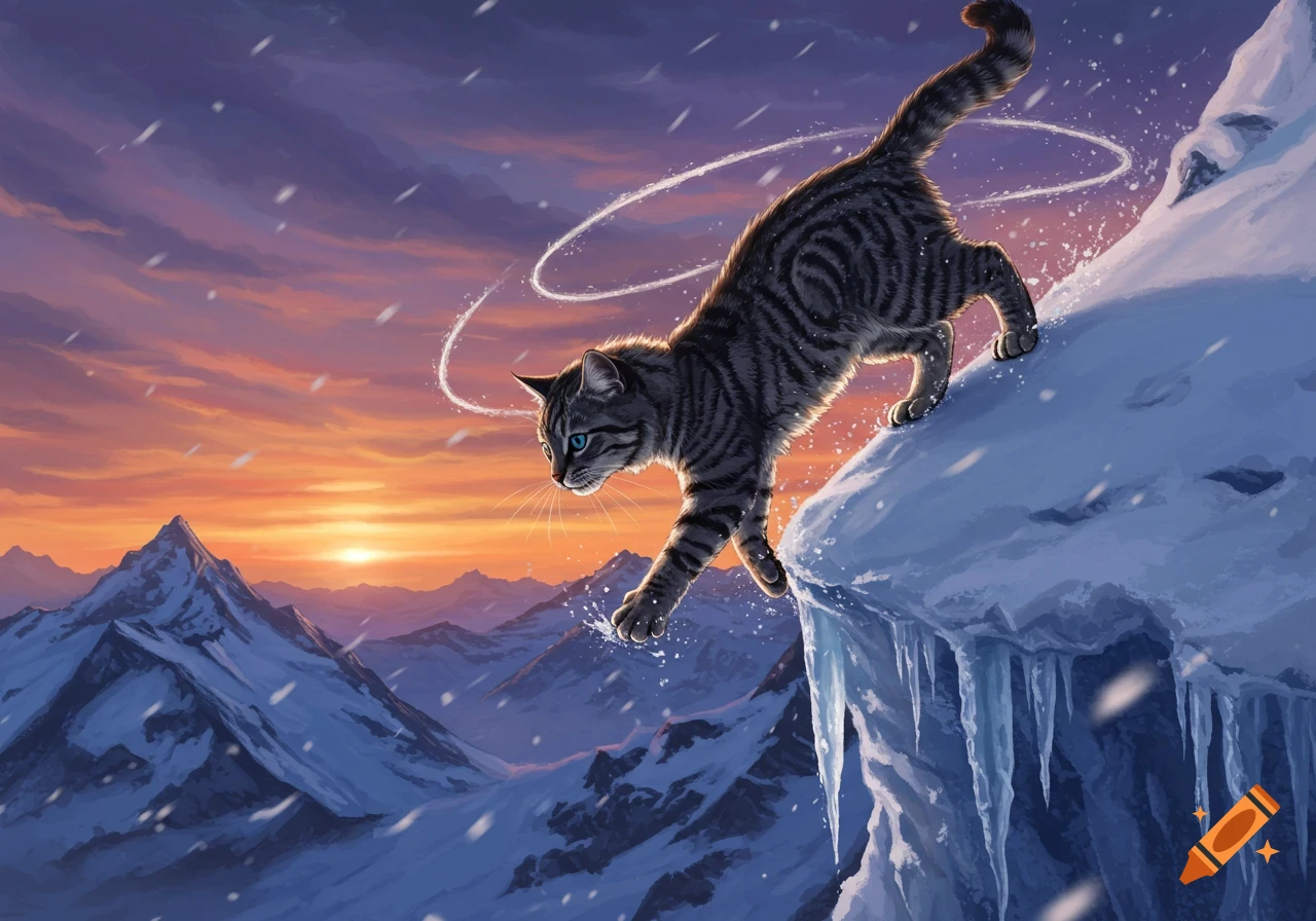 A tabby cat leaps down a snowy mountain slope at sunset, with icicles, mountains, and snow in the background, digital art.