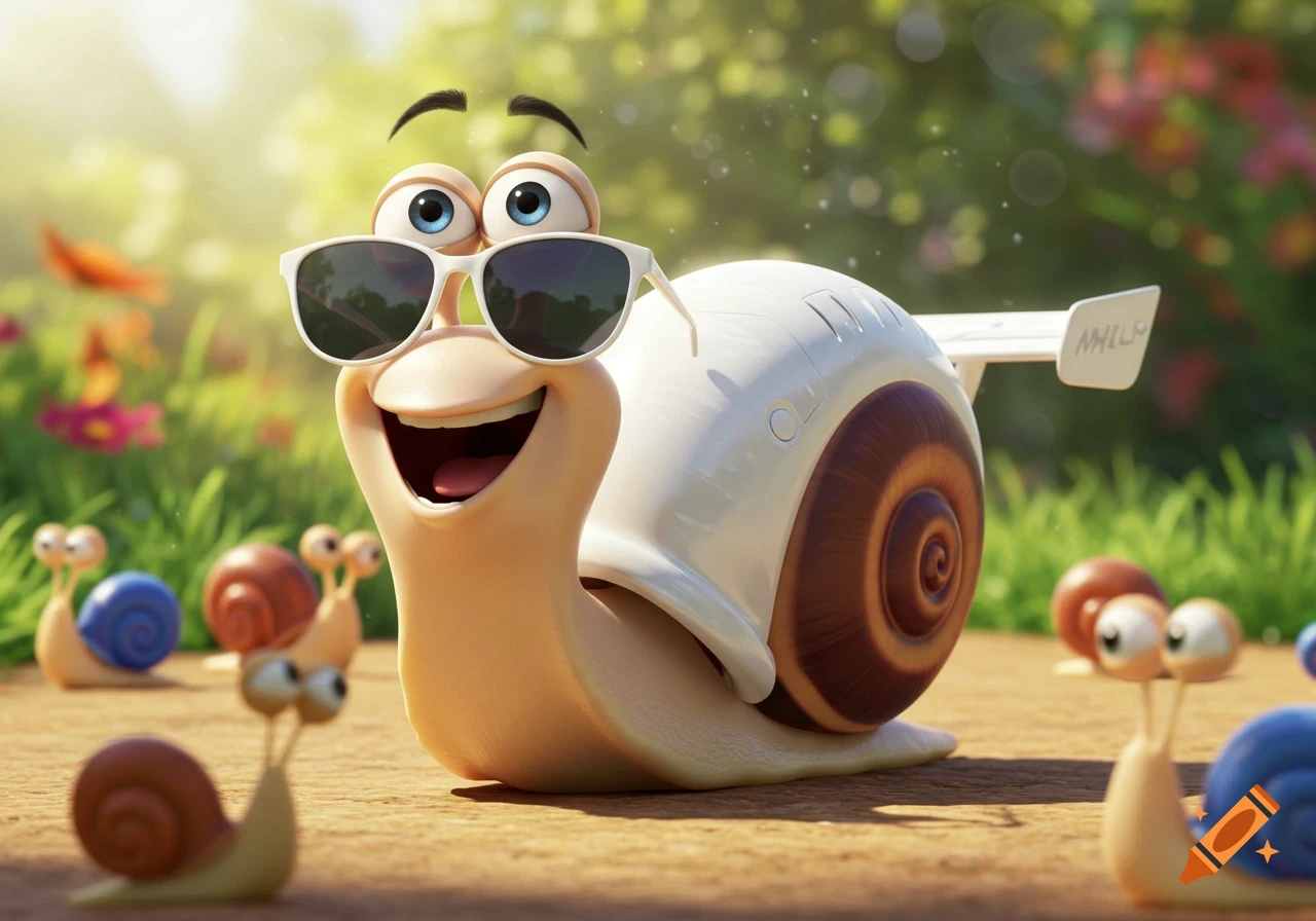 A smiling cartoon snail with sunglasses and a white racing spoiler on its shell, surrounded by other snails in a sunny outdoor setting.