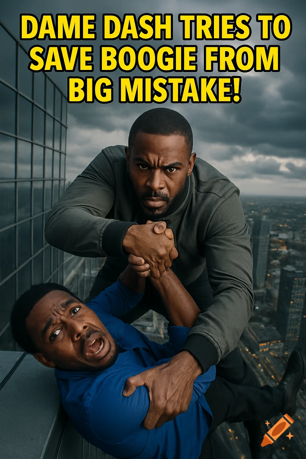 Photorealistic image of a Black man holding another Black man dangling from a skyscraper ledge, with a headline above.