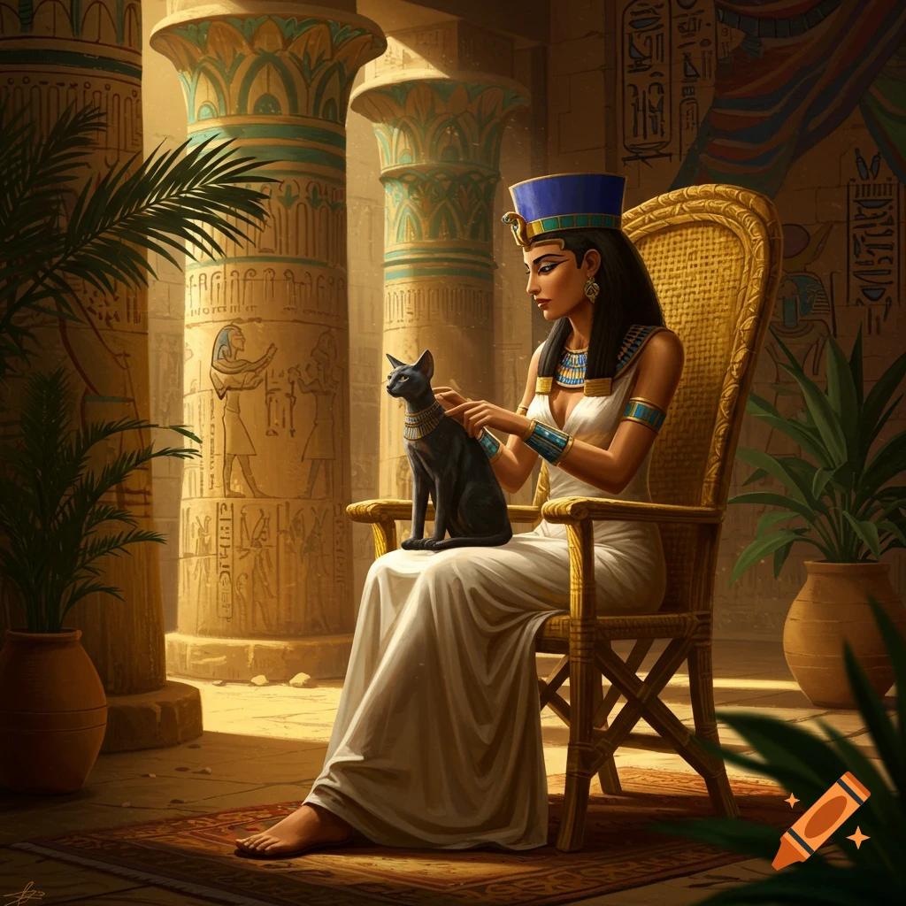 An Egyptian queen in a white dress and blue crown, petting a black cat while sitting in a gold chair in a lavish palace with hieroglyph-covered columns.