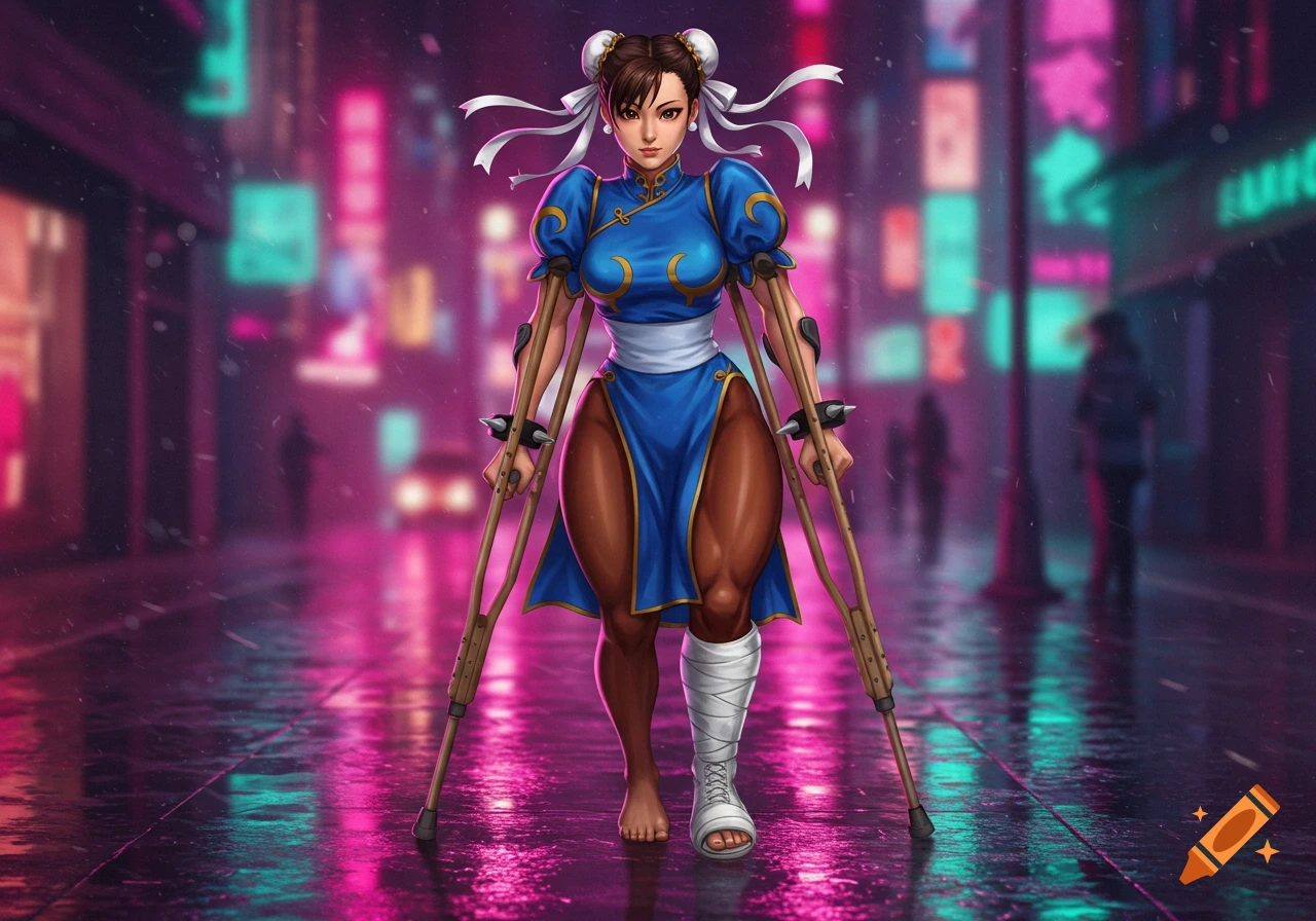 Chun-Li in her blue fighting dress stands on crutches with a cast on her left leg in a rainy cyberpunk city street with neon lights.