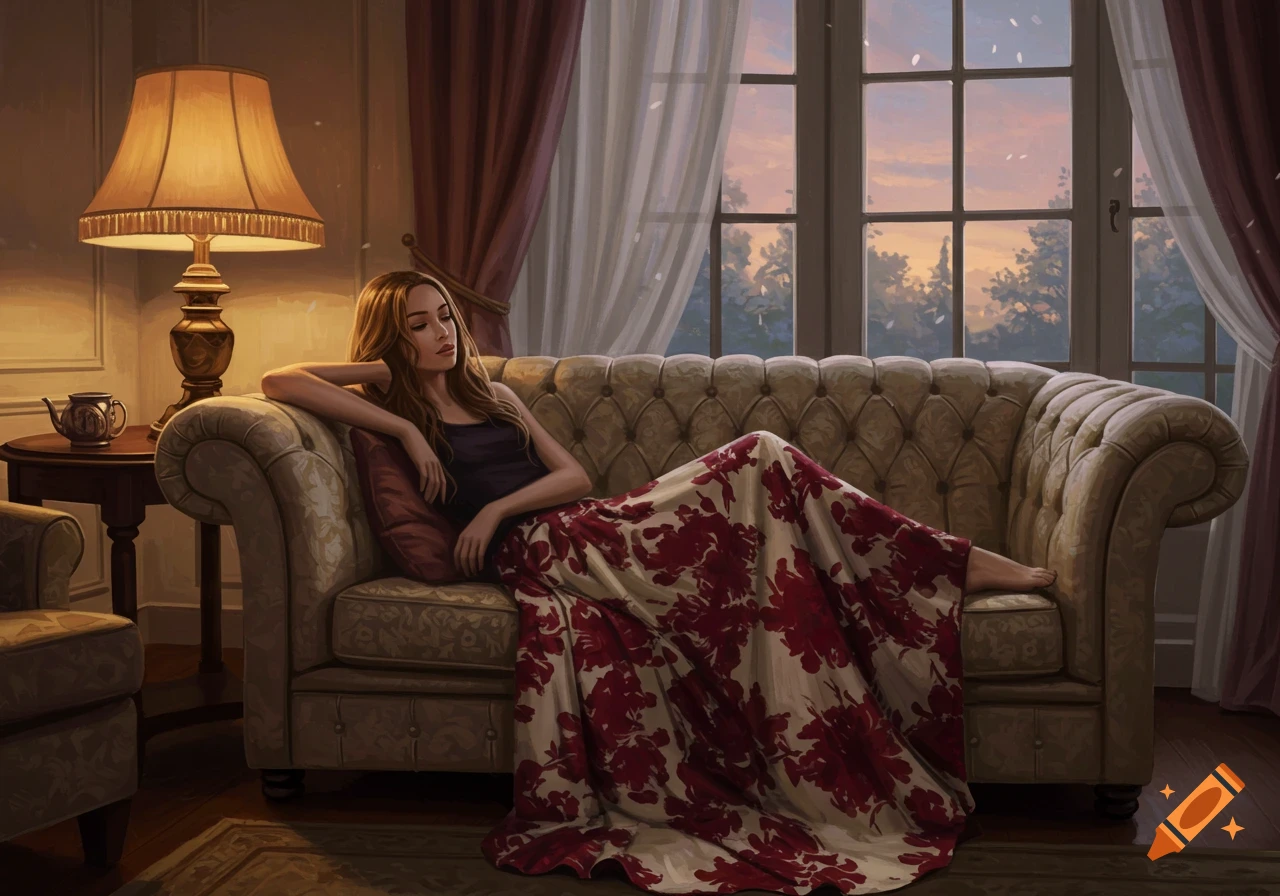 A woman in a flowing floral skirt reclines on a tufted couch in a warmly lit room, looking out a window at sunset. Digital painting.