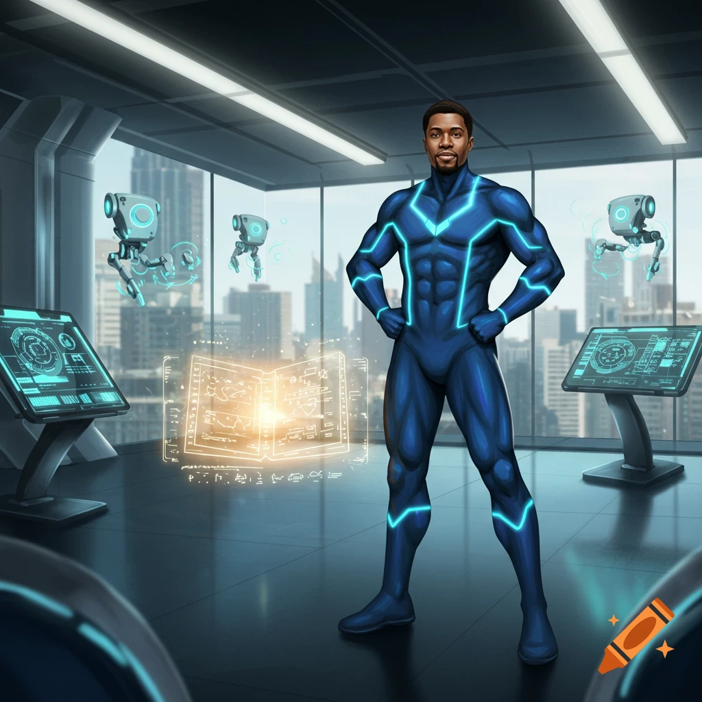 A male superhero in a glowing blue suit stands in a futuristic lab with holographic displays, robots, and a city view. Digital art.