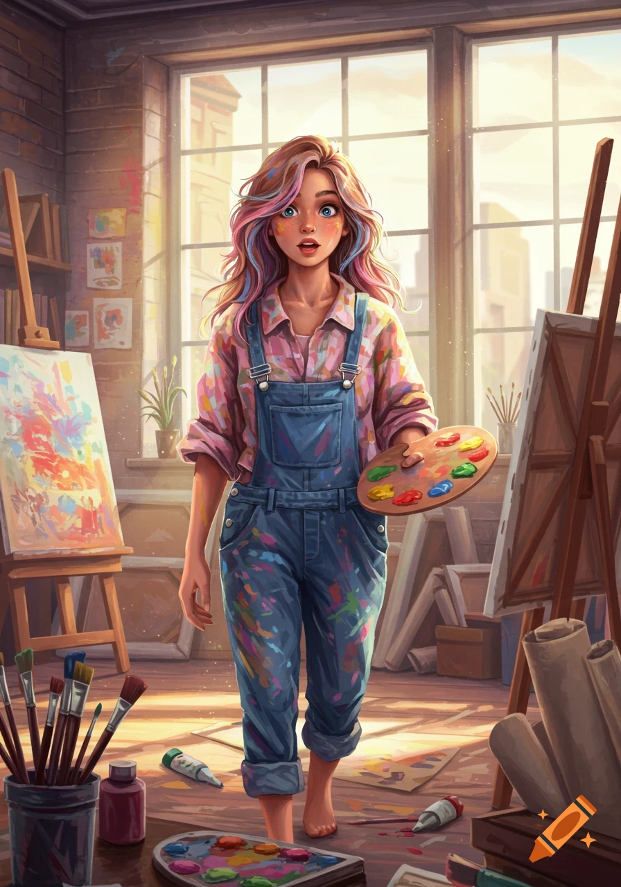 A young woman with colorful hair in paint-splattered overalls holds a palette in a vibrant art studio with easels and canvases.