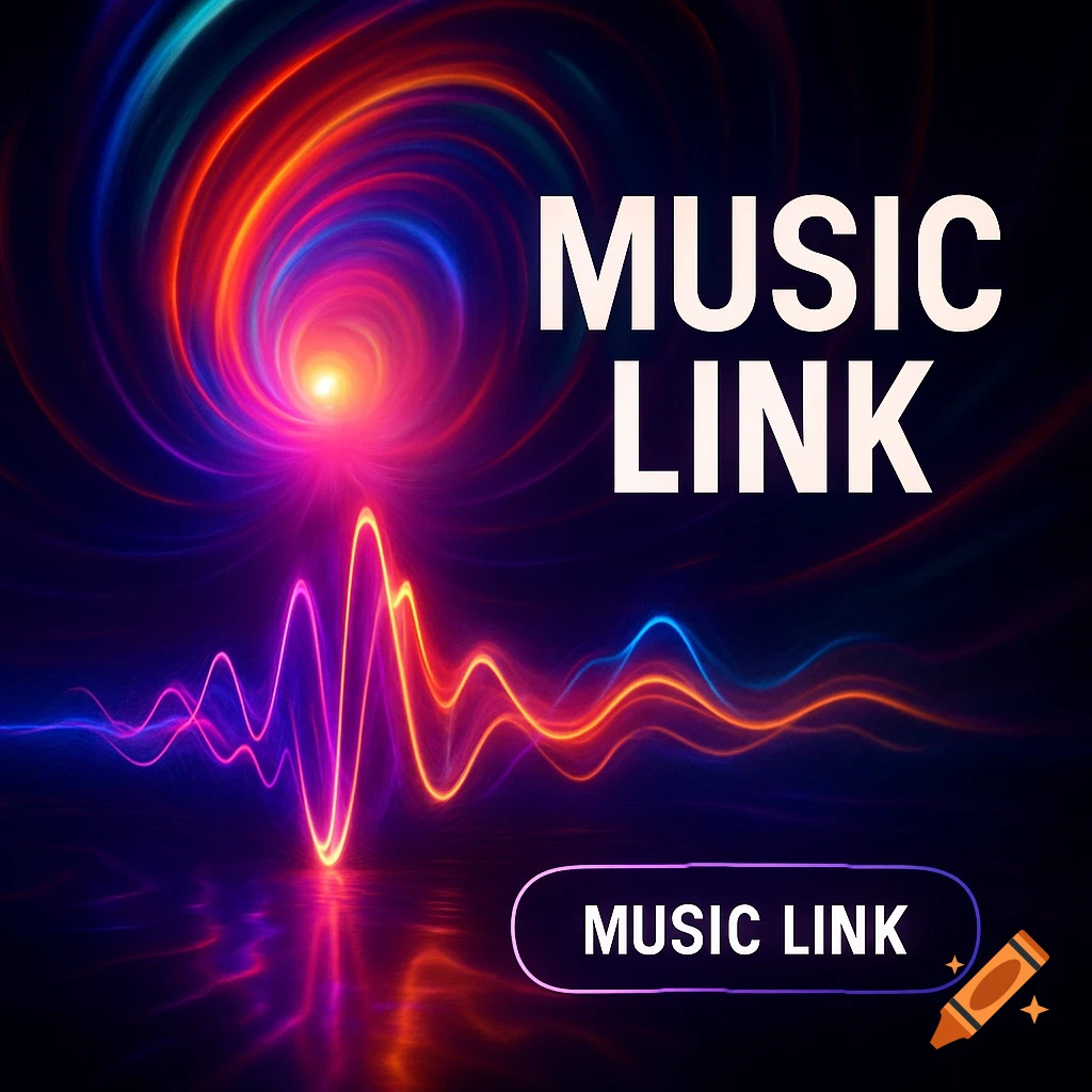 Vibrant abstract background with swirling lights, an audio waveform, and the text 'MUSIC LINK' in a digital style.