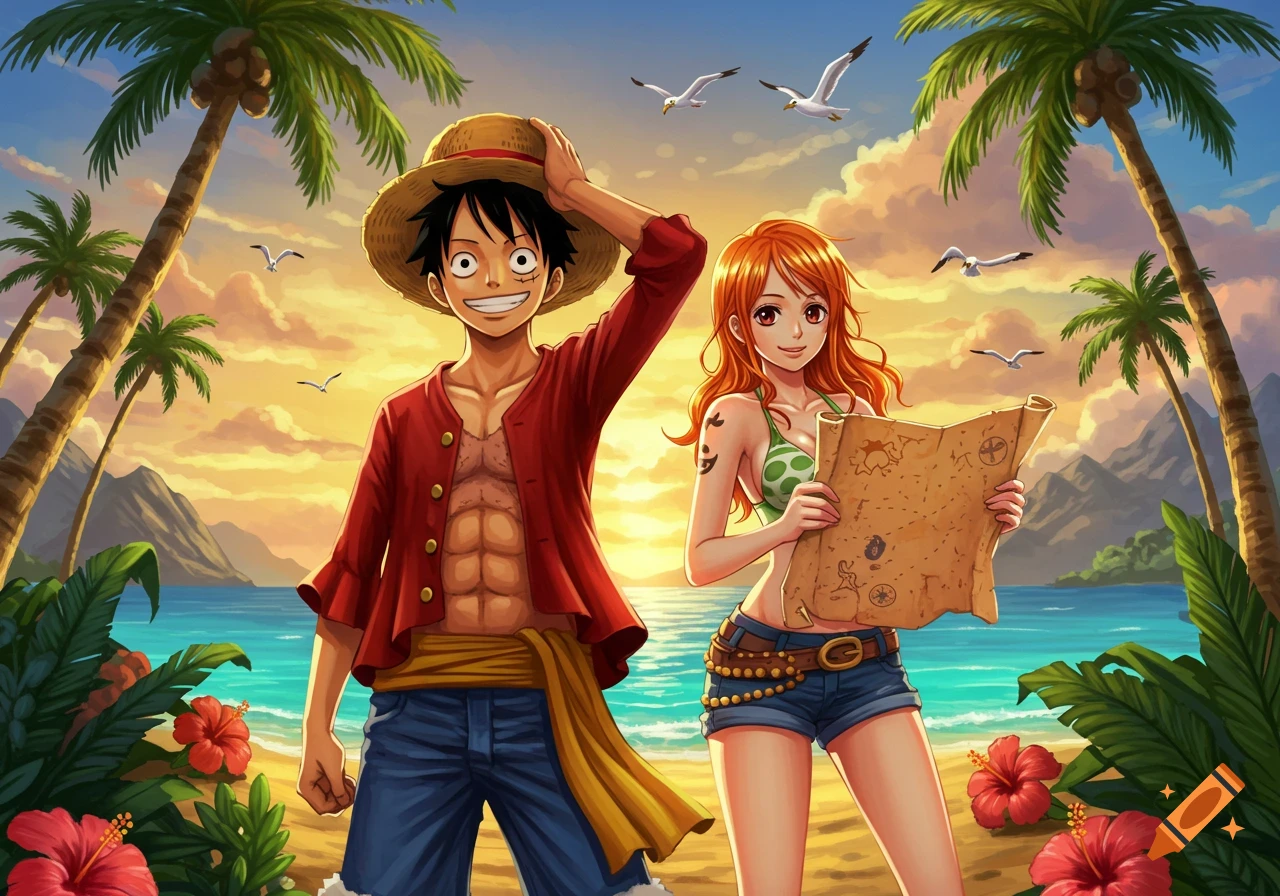 Anime characters Luffy and Nami on a tropical beach at sunset, Luffy smiling and Nami looking at a treasure map.
