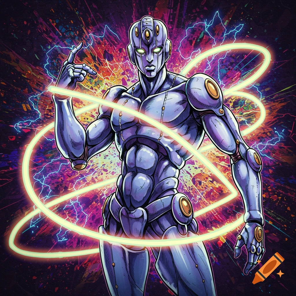 A stylized purple humanoid figure in armor with glowing eyes and yellow energy rings, against a vibrant, splashy background with lightning.