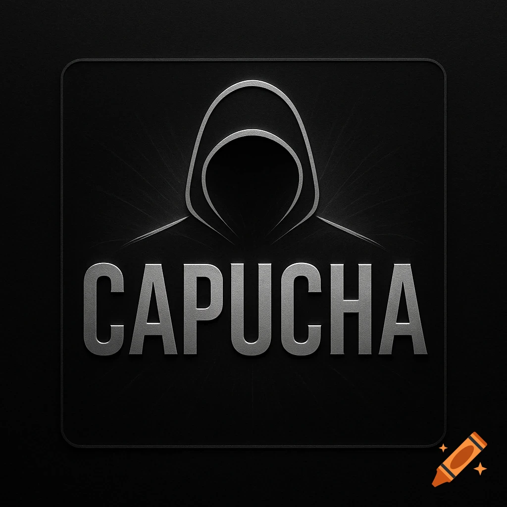 A dark, minimalist logo featuring a silver outline of a hooded figure with glowing lines behind it, and the word 'CAPUCHA' in metallic text below, all on a black background.