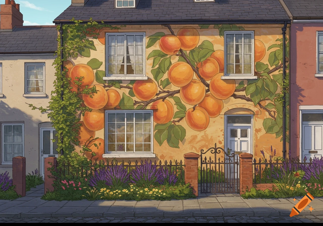 Stylized illustration of a terraced house with an apricot mural and green vines on its wall, with a lavender garden and iron fence.