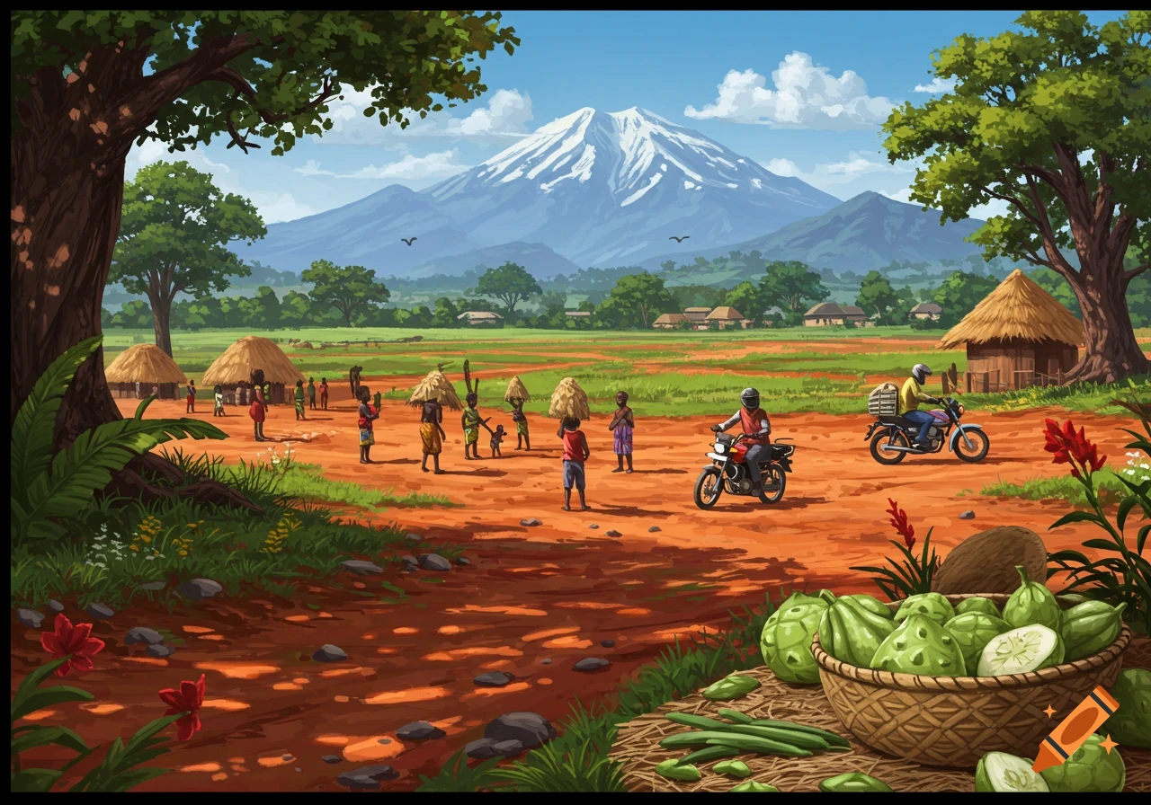 Vibrant illustration of an African village with people, huts, and two motorcycles on a dirt road, set against a backdrop of a snow-capped mountain. A basket of green produce is in the foreground.