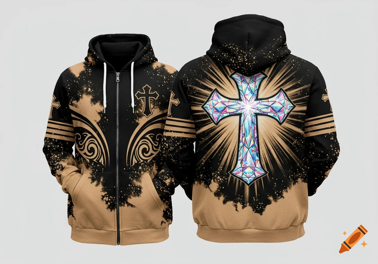 Black and tan bleach-dyed zip-up hoodie. Simple cross on front. Large iridescent faceted cross with golden rays on back.
