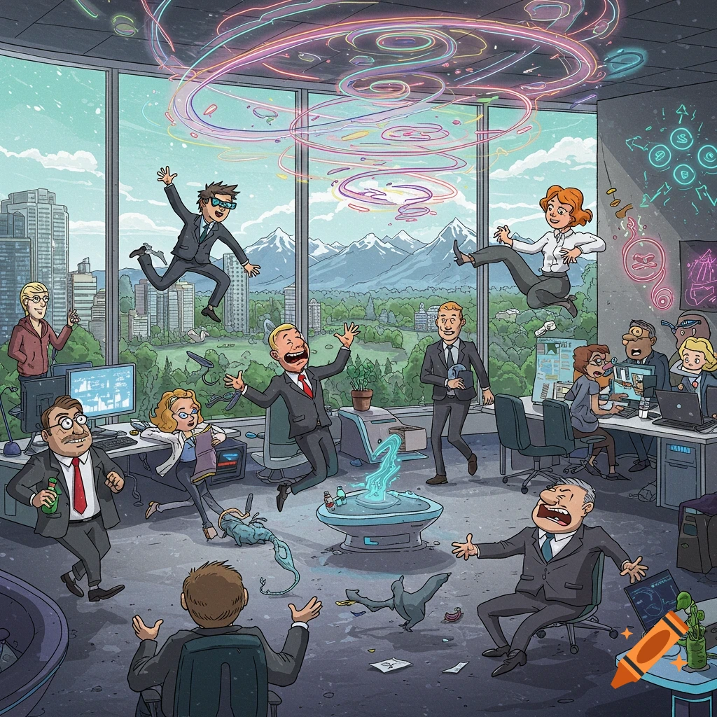 A chaotic cartoon office scene with workers jumping and floating, a colorful energy vortex swirling from a device, and a city and mountain skyline visible through large windows.