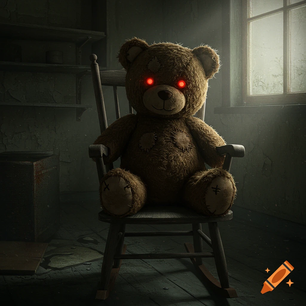 A scary teddy bear with glowing red eyes sits on a rocking chair in a dark, abandoned room.