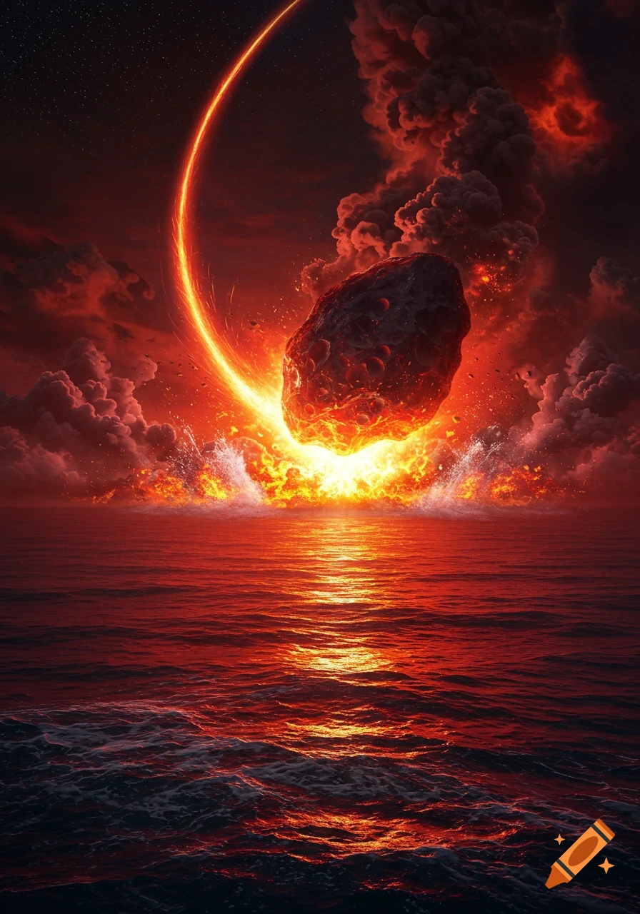 A massive fiery asteroid crashes into a red ocean under a dark, smoke-filled sky with a glowing arc.