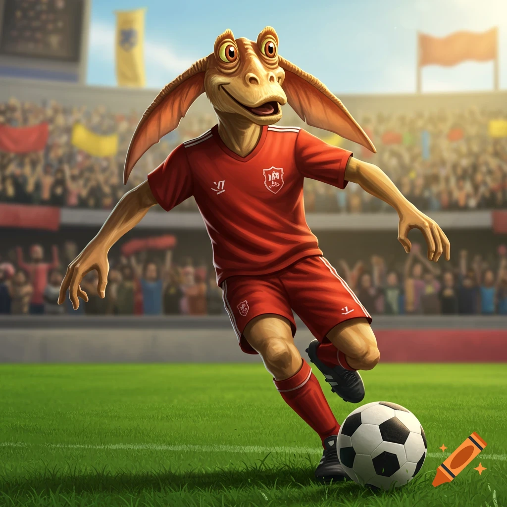 Jar Jar Binks in a red soccer uniform dribbling a ball on a green field in a stadium with cheering fans.