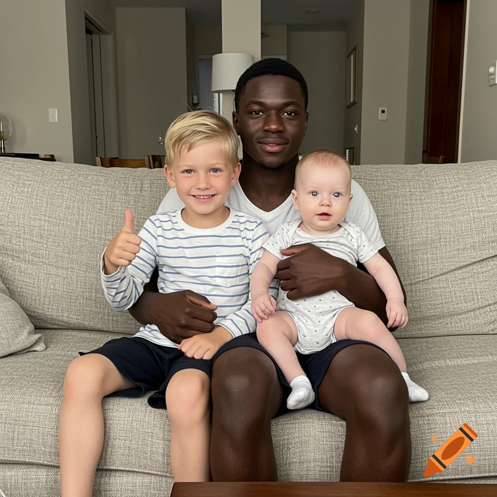 A man sits on a couch, holding a baby, next to a smiling boy giving a thumbs-up.