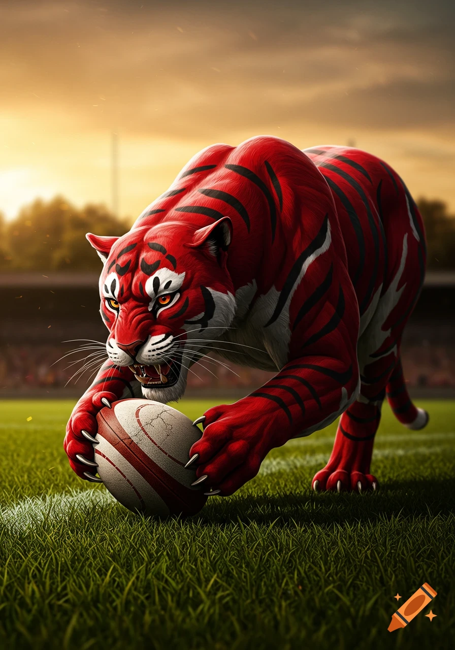 A powerful red, white, and black striped tiger-like creature crouches on a rugby field, holding a rugby ball. Stylized illustration.