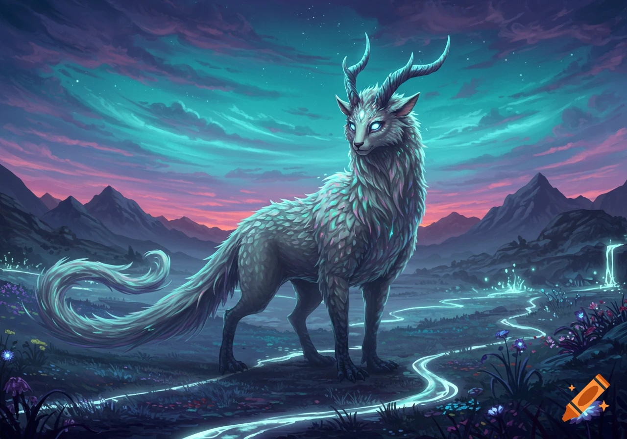 A majestic furry mythical creature with glowing eyes and horns stands in an ethereal landscape with glowing blue rivers and a vibrant teal and purple sky.