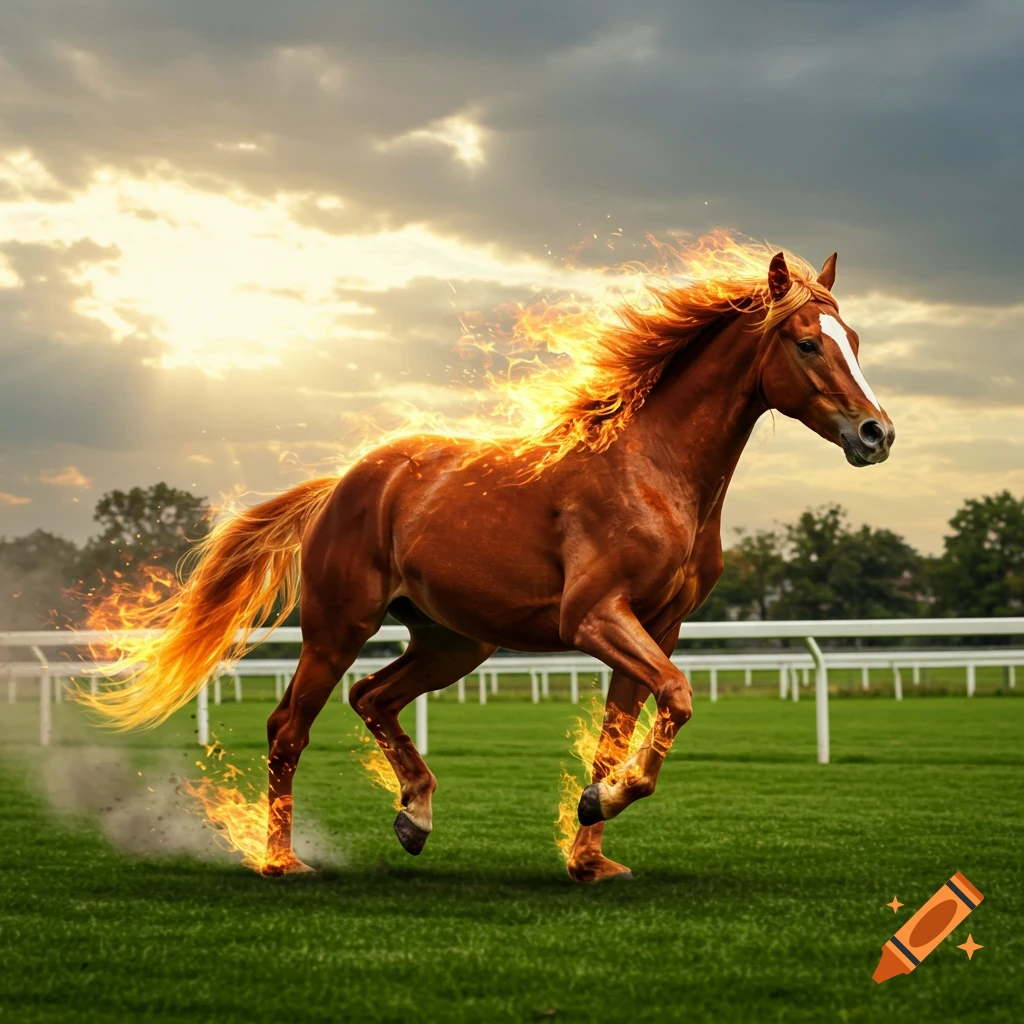 A photorealistic brown horse with a fiery mane, tail, and hooves gallops on a green race track under a dramatic, cloudy sky.