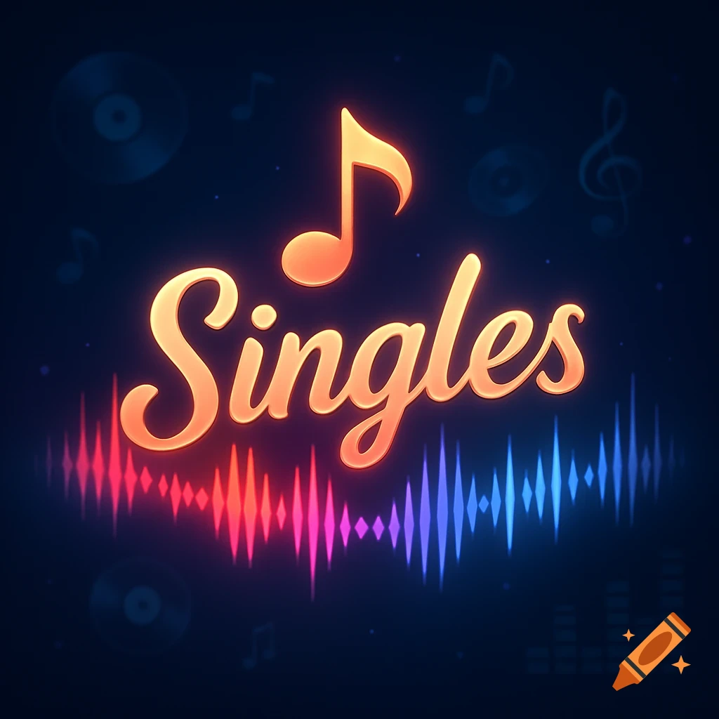 Stylized orange text 'Singles' with a music note and glowing colorful equalizer on a dark background.