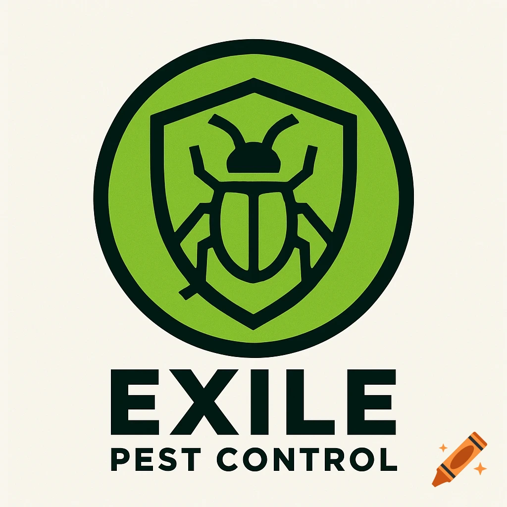 Logo for Exile Pest Control featuring a green circle with a stylized beetle inside a shield.