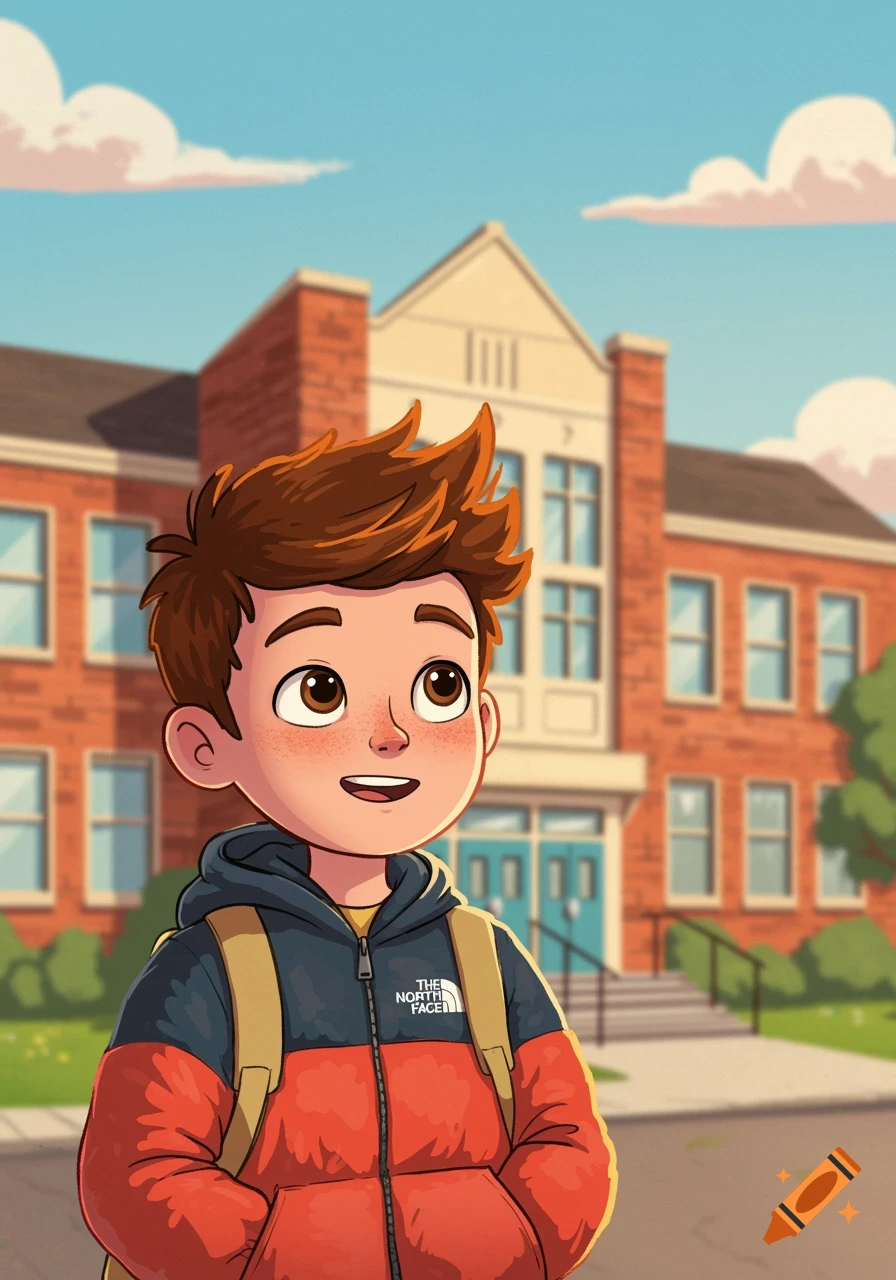 Cartoon of a first-grade boy with a backpack and a red and blue jacket standing in front of a brick school building.