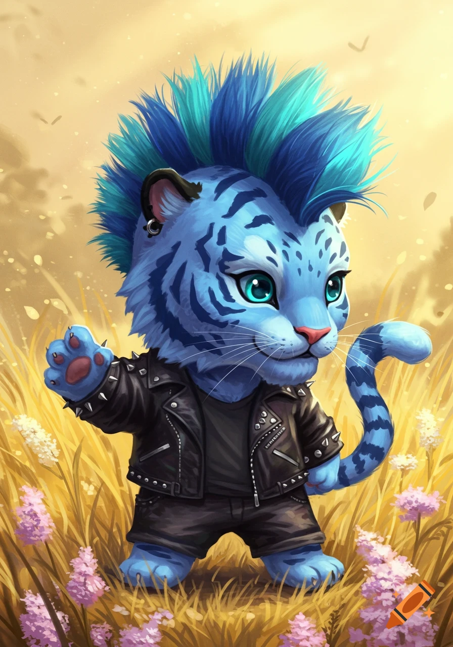 A cute, blue, striped tiger with a teal mohawk and black leather jacket stands in a field of yellow and purple flowers.