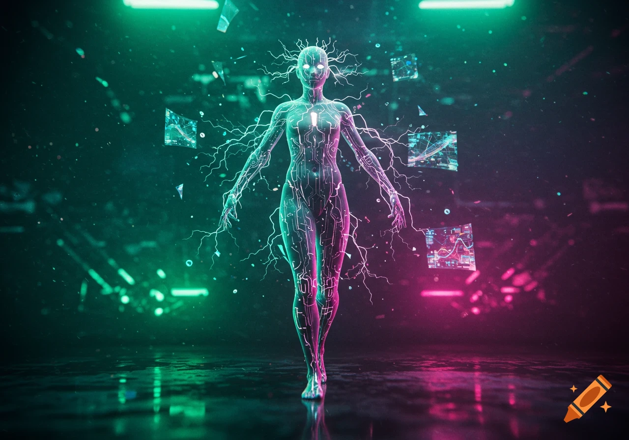 Glowing cybernetic figure with circuit patterns, surrounded by data screens in a dark, neon green and pink futuristic setting.