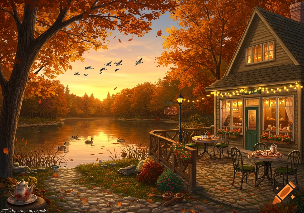 A cozy autumn digital painting of a tea cafe with string lights by a lake at sunset, surrounded by orange-leafed trees and ducks.