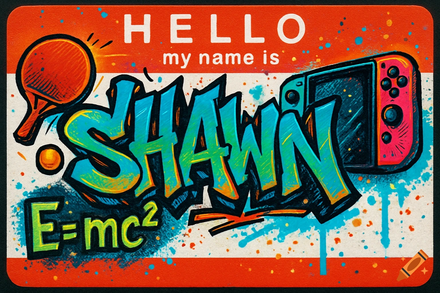 A vibrant graffiti art name tag featuring 'HELLO my name is SHAWN', a table tennis racket, a ball, 'E=mc²', and a Nintendo Switch.
