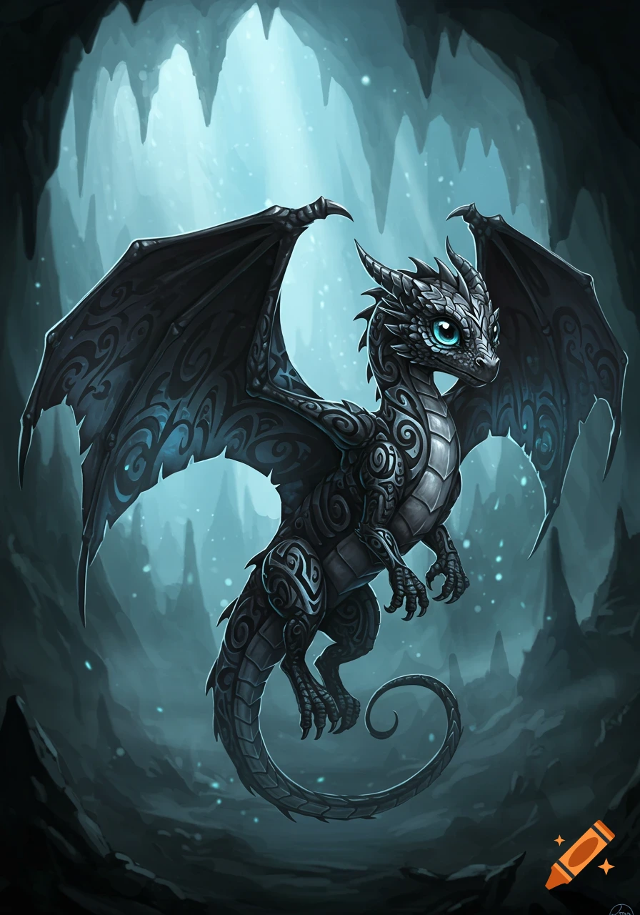 A cute black baby dragon with tribal patterns and bright blue eyes floats in a magical, icy blue cave.