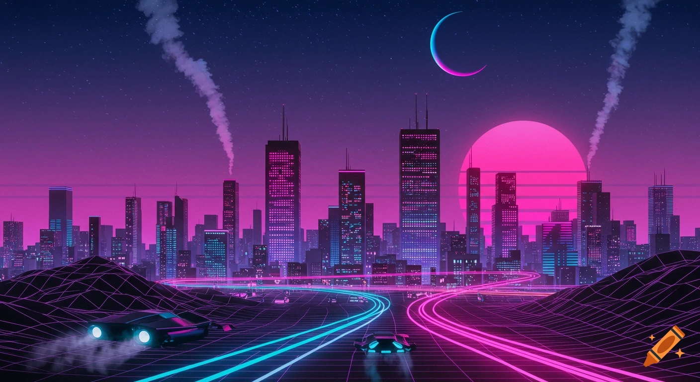 A neon purple and pink synthwave cityscape at night with flying cars, a glowing crescent moon, and a large pink sun.