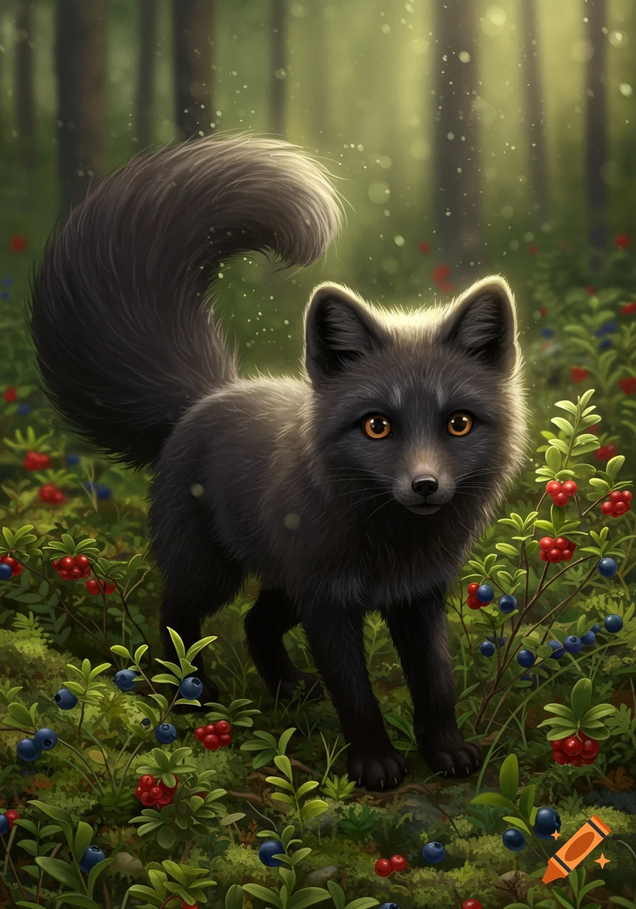 A cute black arctic fox with a fluffy tail stands in a lush, green forest among red lingonberries and blue bilberries, digital art.