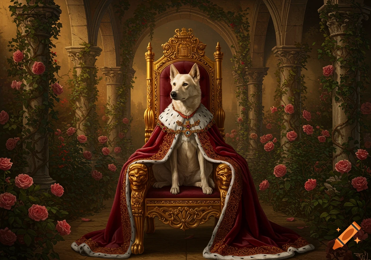 A majestic white dog in a regal red and gold robe sits on an ornate golden throne within a rose-covered stone archway.