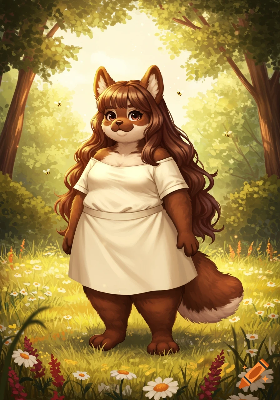 An anthropomorphic fox-like creature with long brown hair, wearing a cream off-shoulder dress, stands in a bright, sunny forest clearing with flowers.