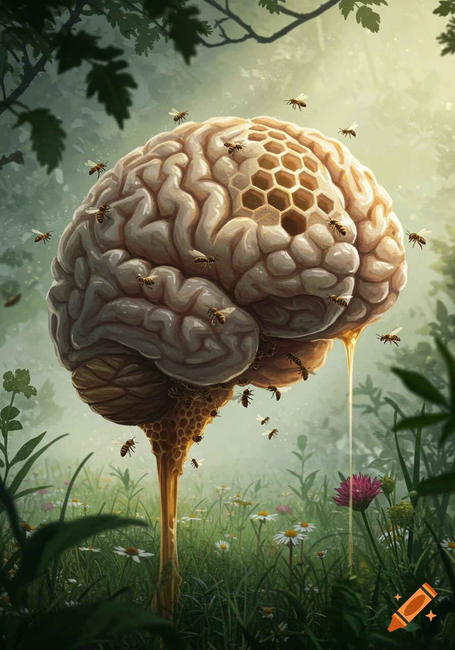 A surreal illustration of a human brain formed from a beehive, with bees flying around and honey dripping into a meadow.