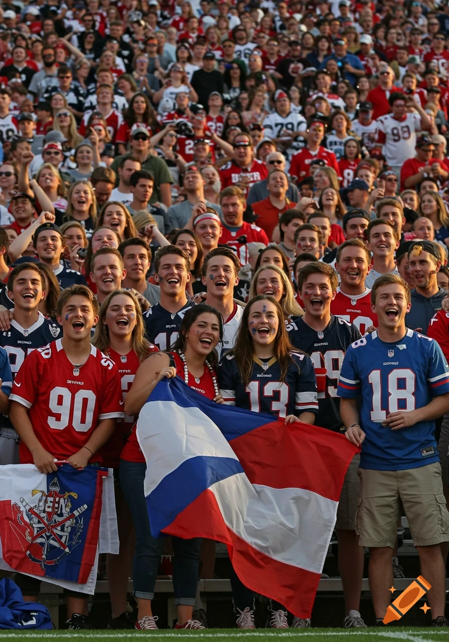A large crowd of smiling football fans in jerseys cheer at a stadium, with some holding flags in the foreground. Photorealistic style.