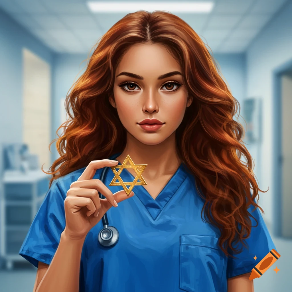 Digital art portrait of a female nurse with long brown hair, wearing blue scrubs, holding a golden Star of David in a hospital setting.