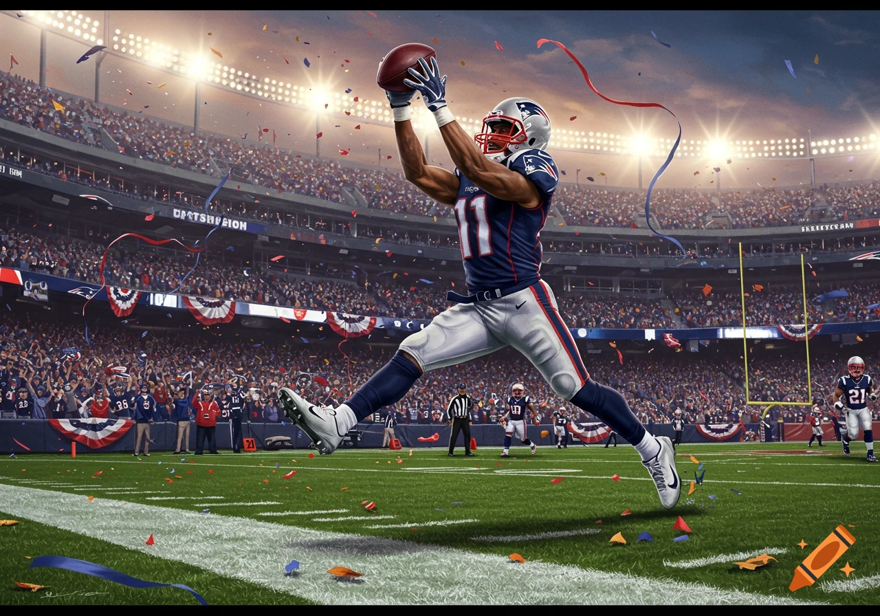 A football player in a blue and red Patriots uniform leaps to catch a football in a stadium filled with cheering fans.