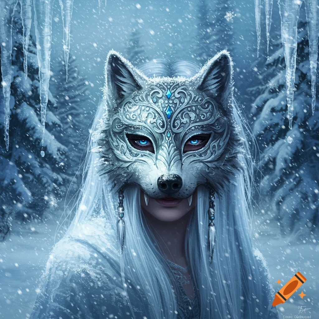 A woman in an ornate silver wolf mask with glowing blue eyes and fangs, long white hair, in a snowy winter forest with icicles.