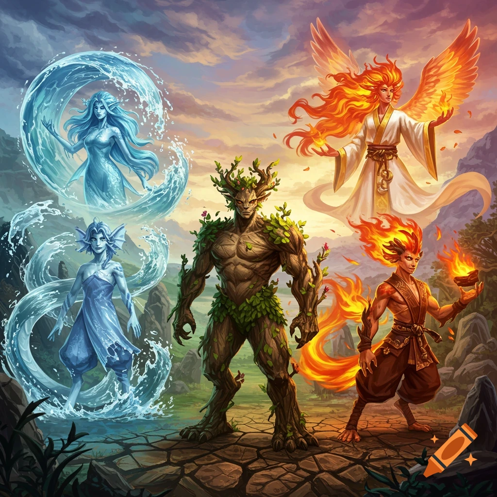 Digital art of four elemental gijinka characters: two water nymphs, a tree giant, and two fire beings, one angelic, in a rocky landscape.