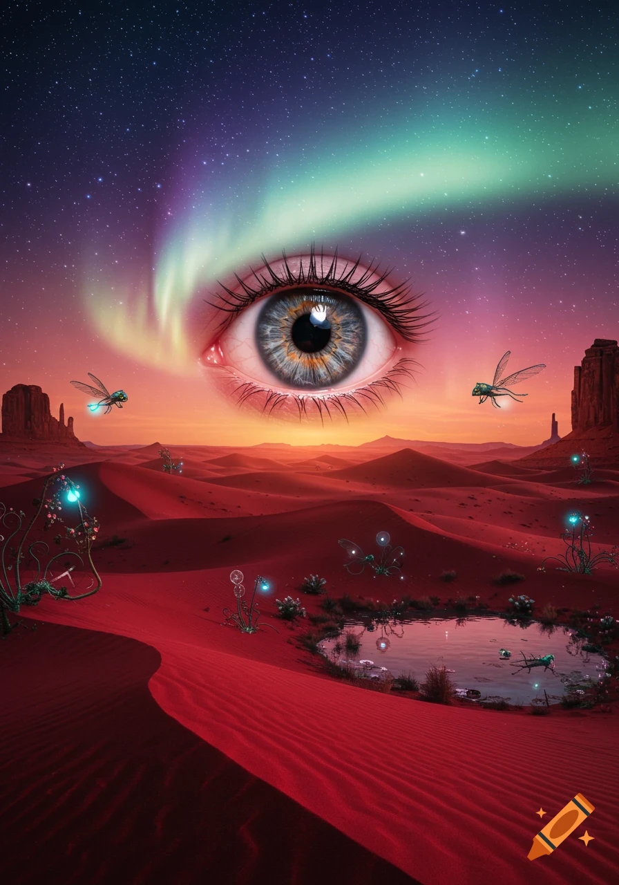 A giant realistic eye floats above a surreal red desert landscape with glowing plants and insects under a starry sky with aurora.