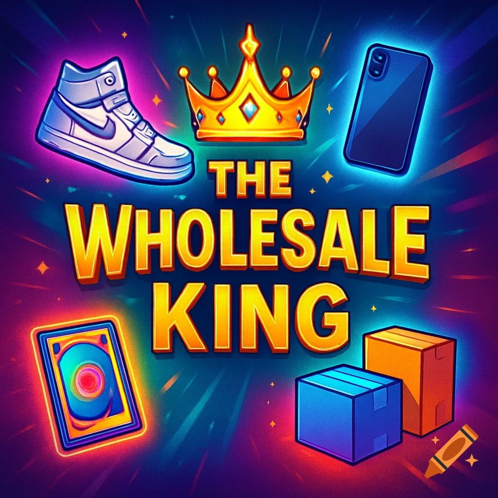 Colorful logo illustration featuring a crown, sneaker, smartphone, trading card, and boxes, glowing around 'THE WHOLESALE KING'.