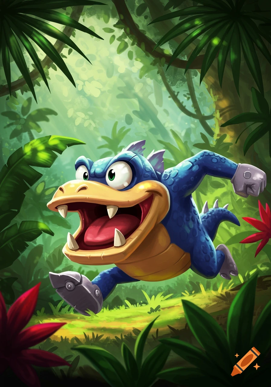 A blue cartoon Klaptrap, a lizard-like creature with a large open mouth and metallic jaw, runs through a vibrant green jungle.
