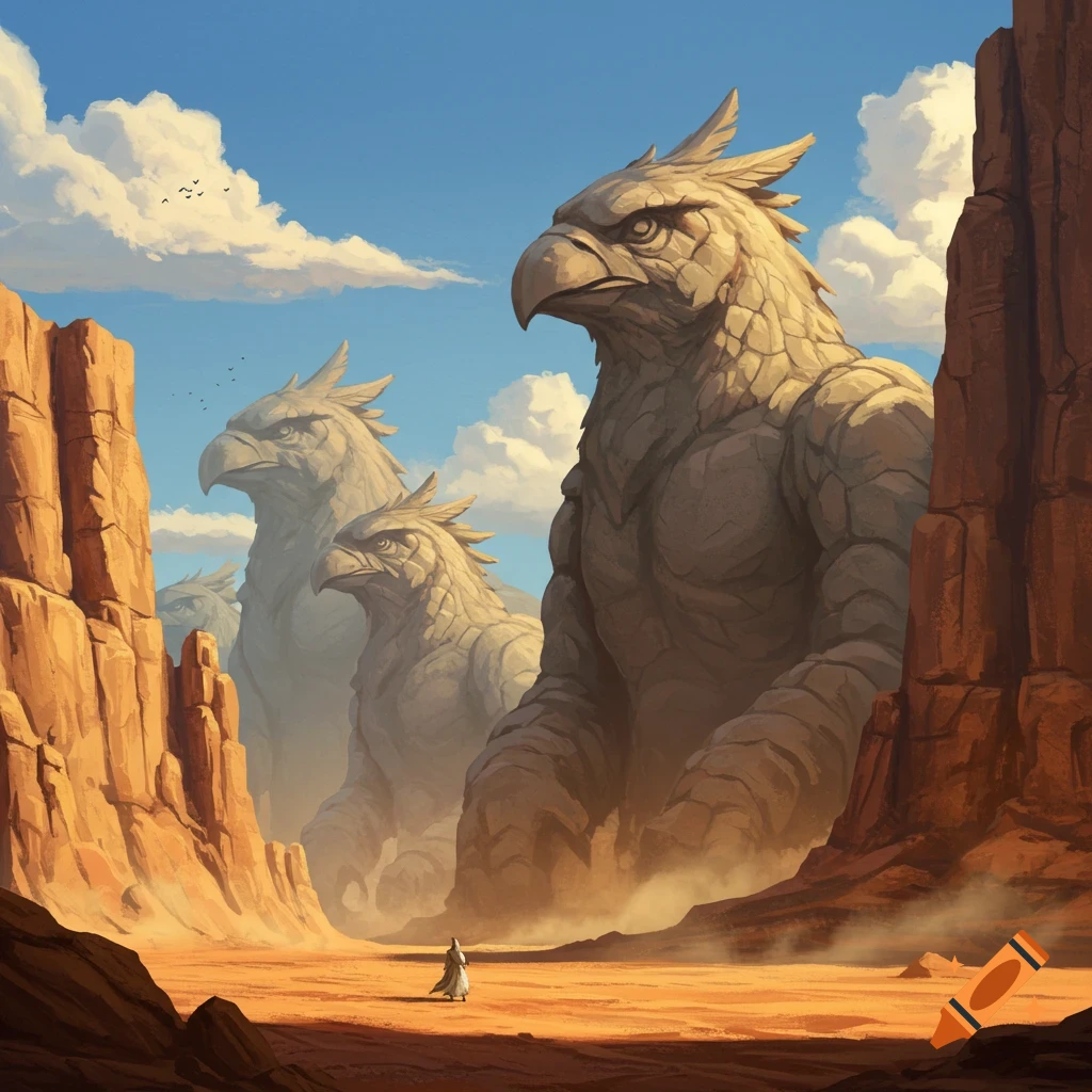 A tiny person walks through a desert canyon, dwarfed by colossal stone griffin statues emerging from the dust, in a digital art style.